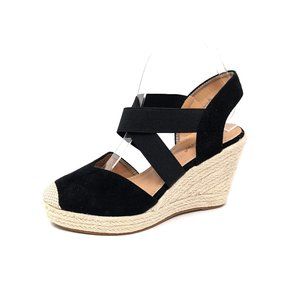 Bella Marie Black Elastic Stretch Strappy Espadrille Slingback Wedge Sandals
